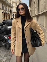 Aurohaya Suede Blazer for Women Buttoned Vintage Lapel Collar Jacket with Pockets
